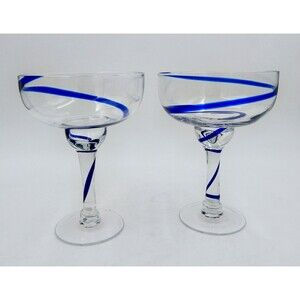 Pier 1 Cobalt Blue Swirline Hand Blown 7 In Margarita Glasses Set of 2 Vintage